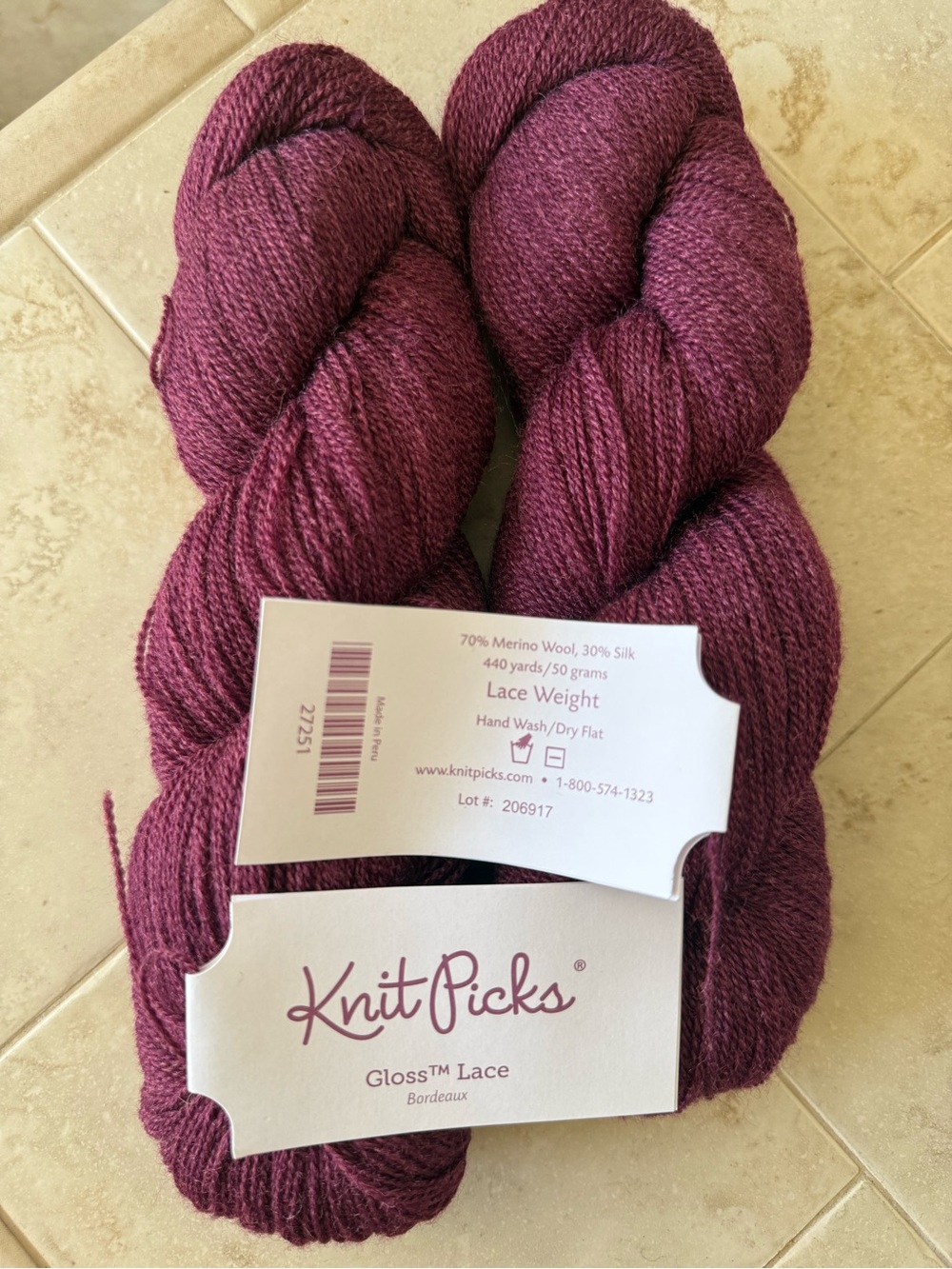 Knit Picks Gloss Lace Sweater/Shawl Yarn - Bordeaux 2 Hanks